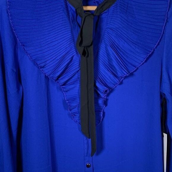 Haute Monde Blue Ruffle Long Sleeve Blouse Small Tie Neck - Picture 12 of 12